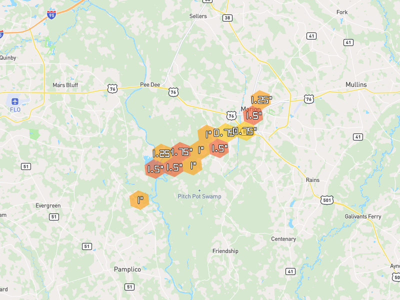 Hail map of Marion, SC on Jul 5, 2026, hail up to 1.75"