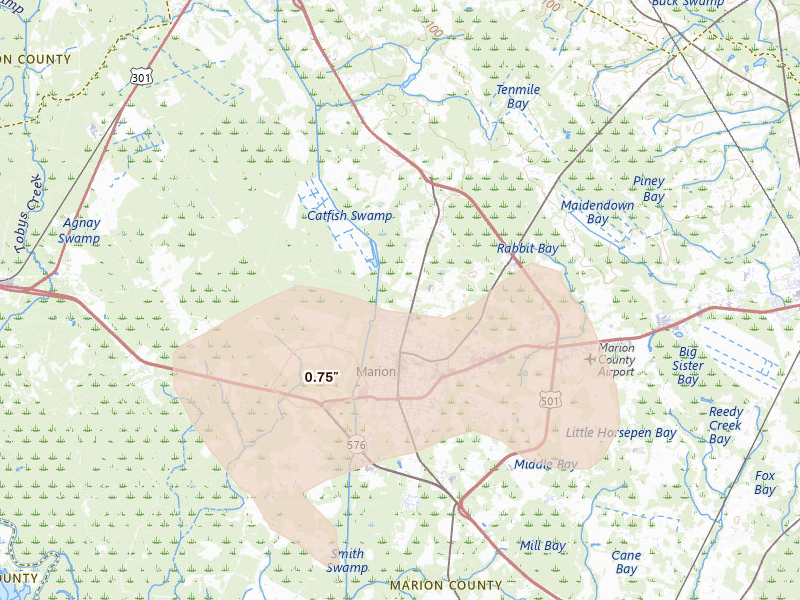 Radar-estimated hail-size map of the storm over Marion, SC on Aug 16, 2026