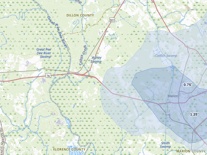 NEXRAD radar-signature map of the hail storm over Marion, SC on Aug 16, 2026