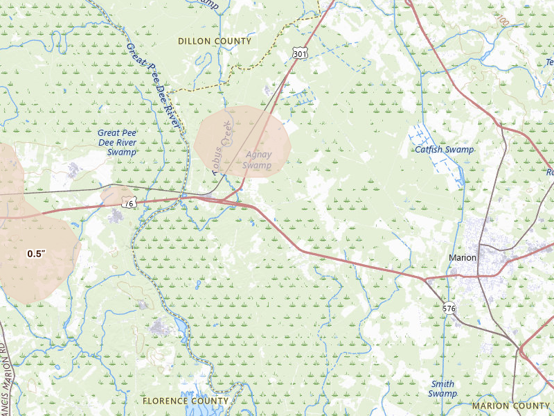 Radar-estimated hail-size map of the storm over Marion, SC on Aug 21, 2026
