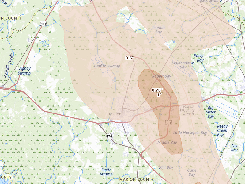 Radar-estimated hail-size map of the storm over Marion, SC