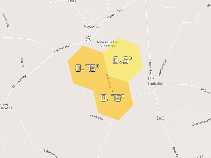 Hail map of Mayesville, SC on Jul 6, 2026, hail up to 0.75"