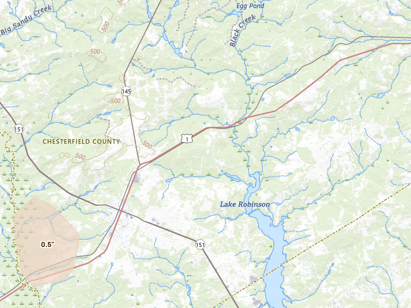 Radar-estimated hail-size map of the storm over Mc Bee, SC on Jul 5, 2026