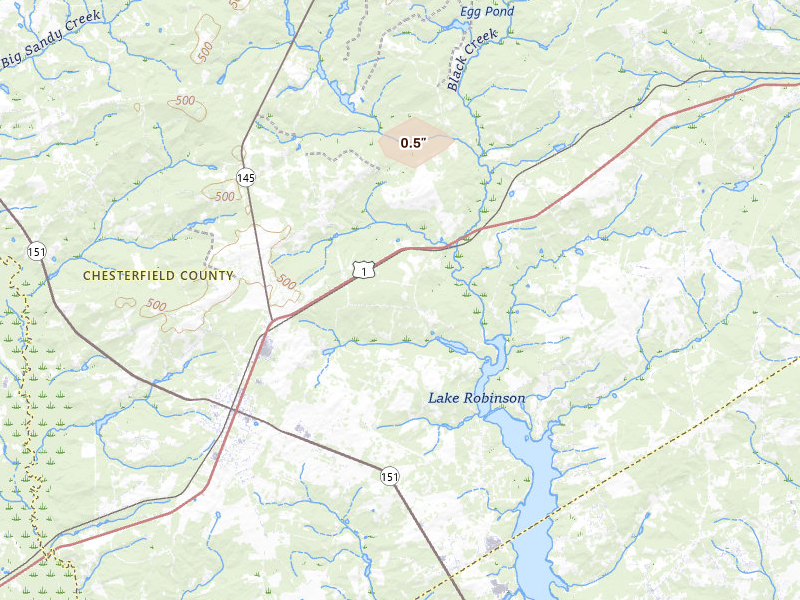 Radar-estimated hail-size map of the storm over Mc Bee, SC on Jul 19, 2026