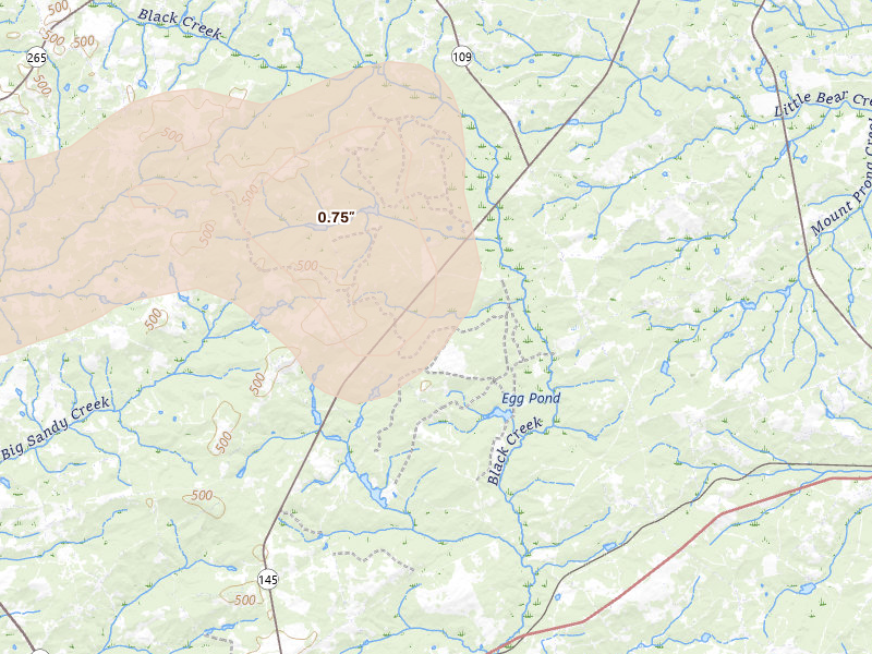 Radar-estimated hail-size map of the storm over Mc Bee, SC on Aug 21, 2026