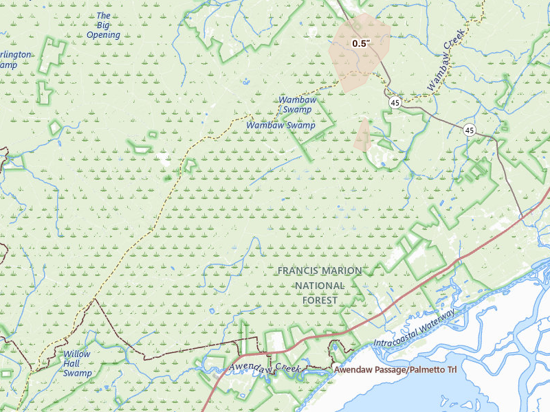 Radar-estimated hail-size map of the storm over Mc Clellanville, SC on Jun 26, 2026