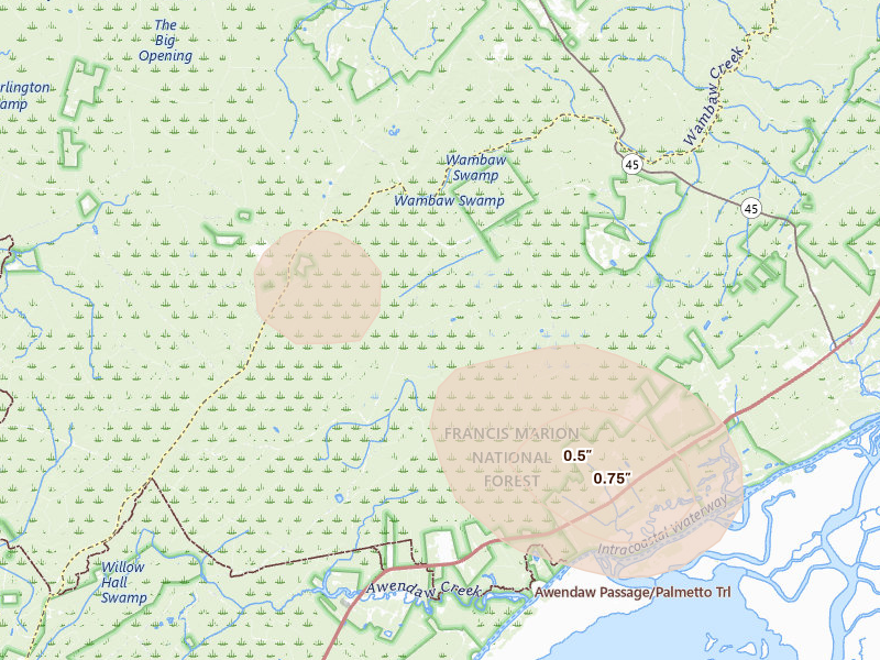 Radar-estimated hail-size map of the storm over Mc Clellanville, SC on Jul 10, 2026