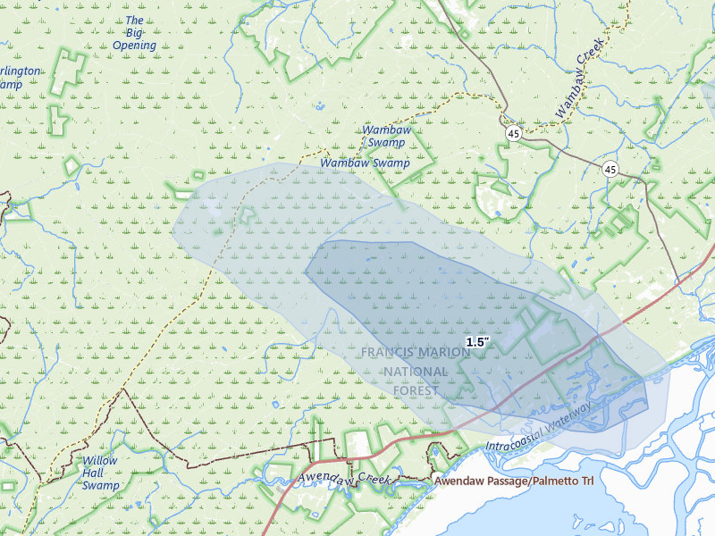 NEXRAD radar-signature map of the hail storm over Mc Clellanville, SC on Jul 10, 2026
