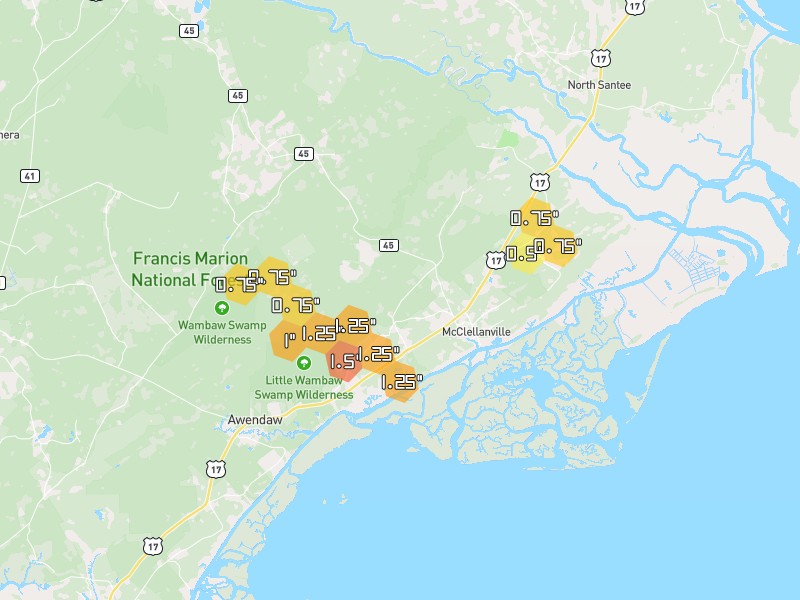 Hail map of Mc Clellanville, SC on Jul 10, 2026, hail up to 1.5"