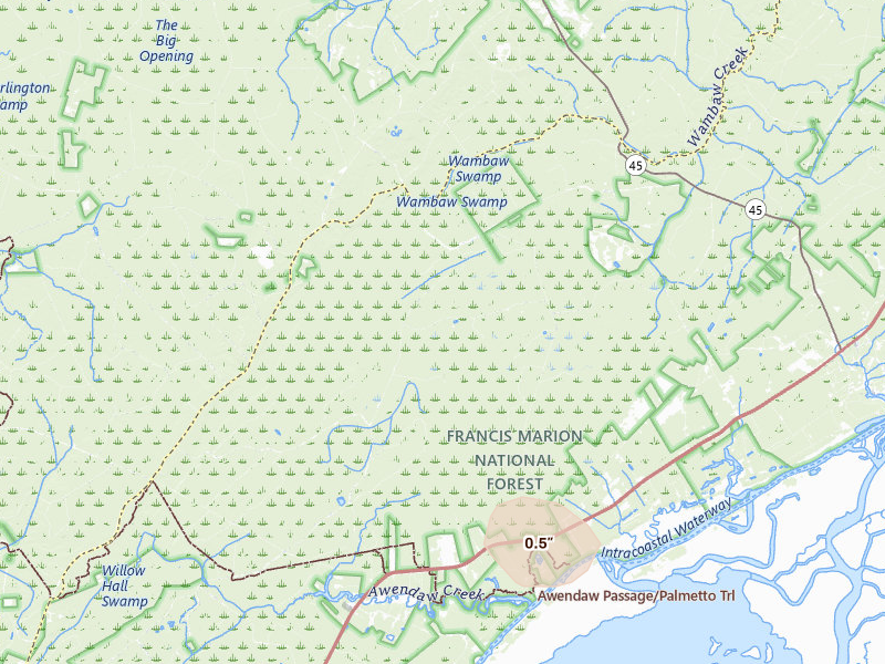 Radar-estimated hail-size map of the storm over Mc Clellanville, SC on Jul 11, 2026