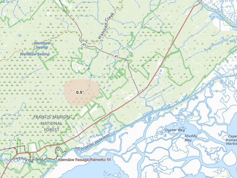 Radar-estimated hail-size map of the storm over Mc Clellanville, SC on Aug 10, 2026