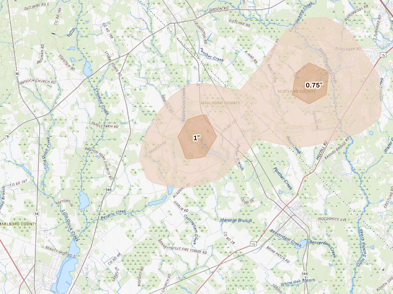 Radar-estimated hail-size map of the storm over Mc Coll, SC