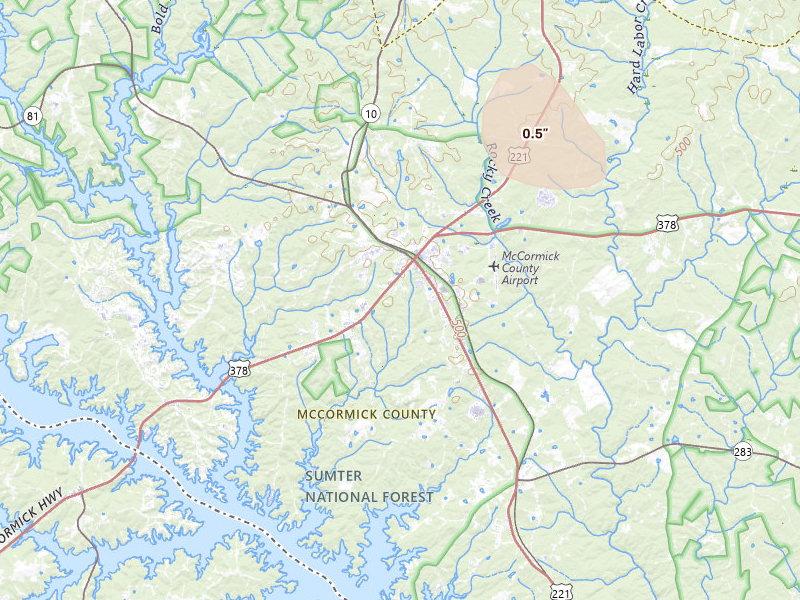 Radar-estimated hail-size map of the storm over Mc Cormick, SC on Aug 6, 2026