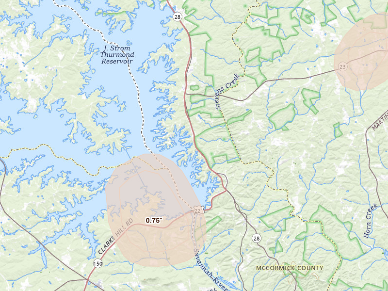 Radar-estimated hail-size map of the storm over Modoc, SC on Aug 21, 2026