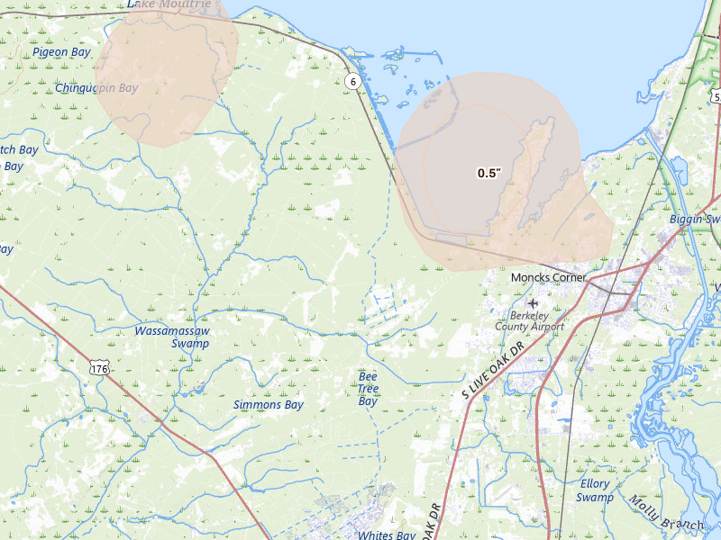 Radar-estimated hail-size map of the storm over Moncks Corner, SC on Jul 6, 2026