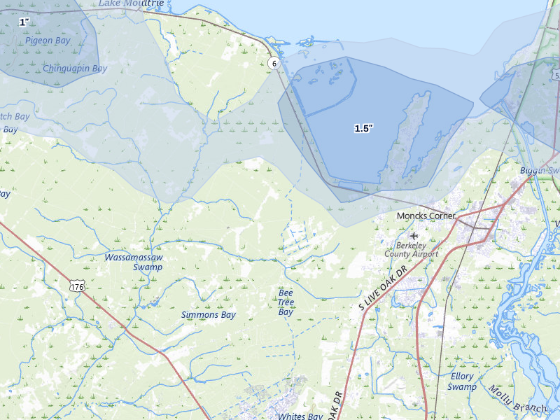 NEXRAD radar-signature map of the hail storm over Moncks Corner, SC on Jul 6, 2026