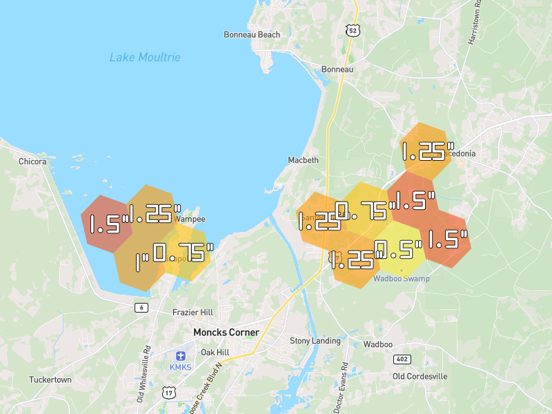 Hail map of Moncks Corner, SC on Jul 6, 2026, hail up to 1.5"