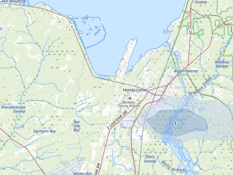 NEXRAD radar-signature map of the hail storm over Moncks Corner, SC on Aug 15, 2026