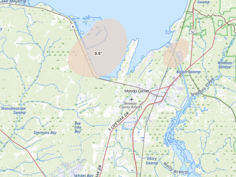 Radar-estimated hail-size map of the storm over Moncks Corner, SC on Aug 22, 2026