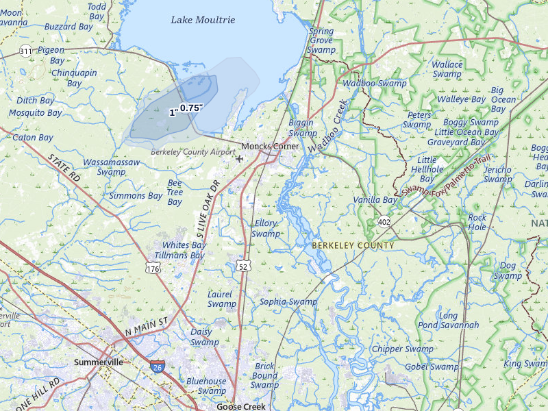 NEXRAD radar-signature map of the hail storm over Moncks Corner, SC on Aug 22, 2026