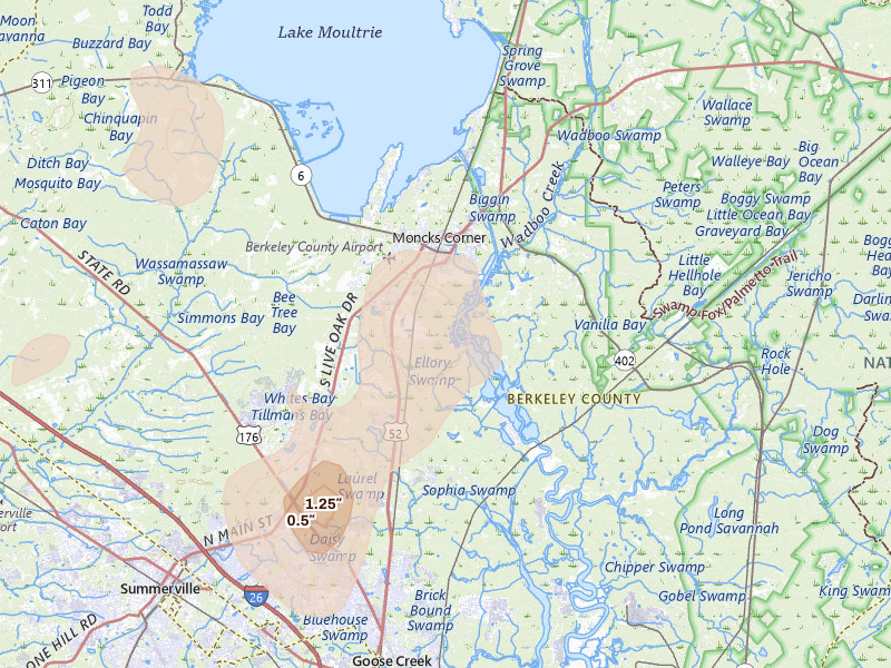 Radar-estimated hail-size map of the storm over Moncks Corner, SC