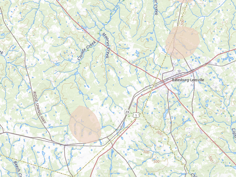 Radar-estimated hail-size map of the storm over Monetta, SC on Aug 21, 2026
