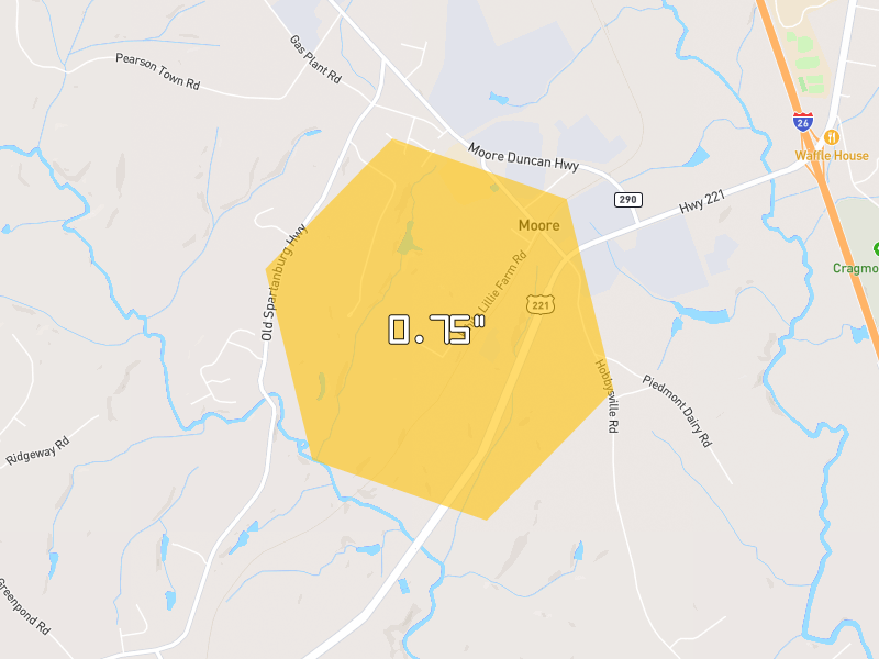 Hail map of Moore, SC on Jun 29, 2026, hail up to 0.75"