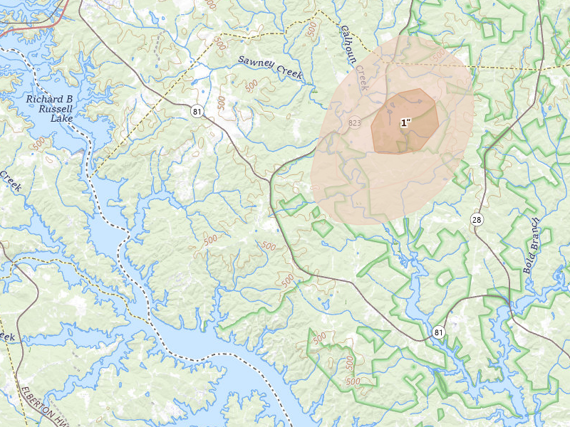 Radar-estimated hail-size map of the storm over Mount Carmel, SC on May 22, 2026