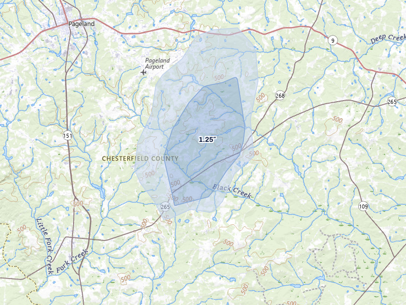 NEXRAD radar-signature map of the hail storm over Mount Croghan, SC on Jul 5, 2026