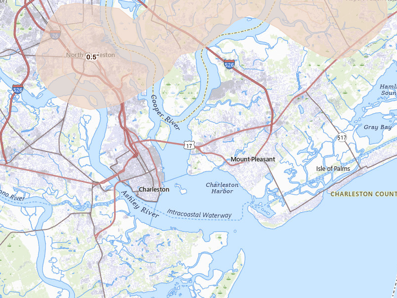 Radar-estimated hail-size map of the storm over Mount Pleasant, SC on Jul 8, 2026