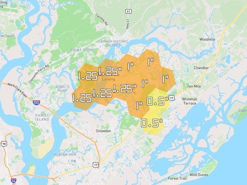 Hail map of Mount Pleasant, SC on Jul 8, 2026, hail up to 1.25"