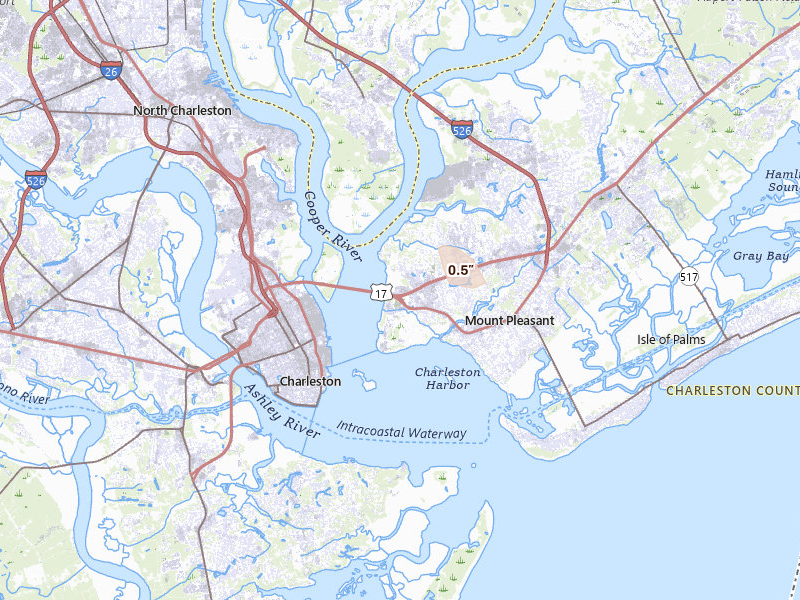 Radar-estimated hail-size map of the storm over Mount Pleasant, SC on Jul 11, 2026