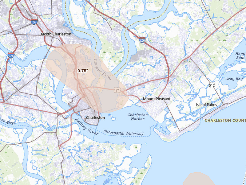 Radar-estimated hail-size map of the storm over Mount Pleasant, SC on Jul 29, 2026