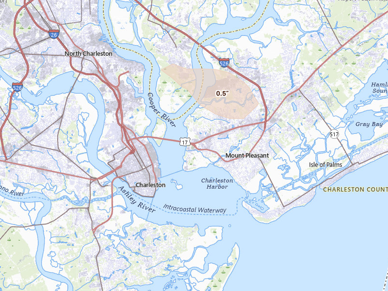 Radar-estimated hail-size map of the storm over Mount Pleasant, SC on Aug 24, 2026