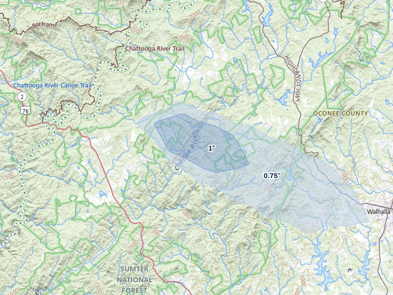 NEXRAD radar-signature map of the hail over Mountain Rest, SC