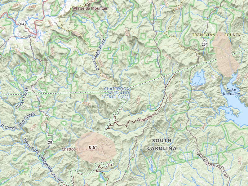 Radar-estimated hail-size map of the storm over Mountain Rest, SC on Jul 18, 2026
