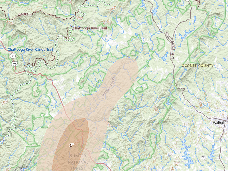 Radar-estimated hail-size map of the storm over Mountain Rest, SC on Aug 20, 2026
