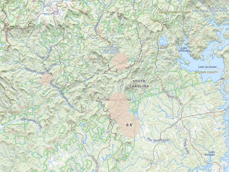 Radar-estimated hail-size map of the storm over Mountain Rest, SC on Sep 20, 2026