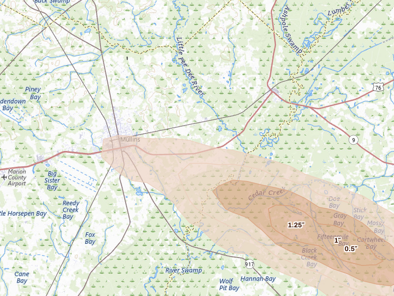 Radar-estimated hail-size map of the storm over Mullins, SC on May 11, 2026