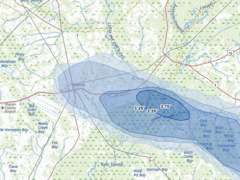 NEXRAD radar-signature map of the hail storm over Mullins, SC on May 11, 2026