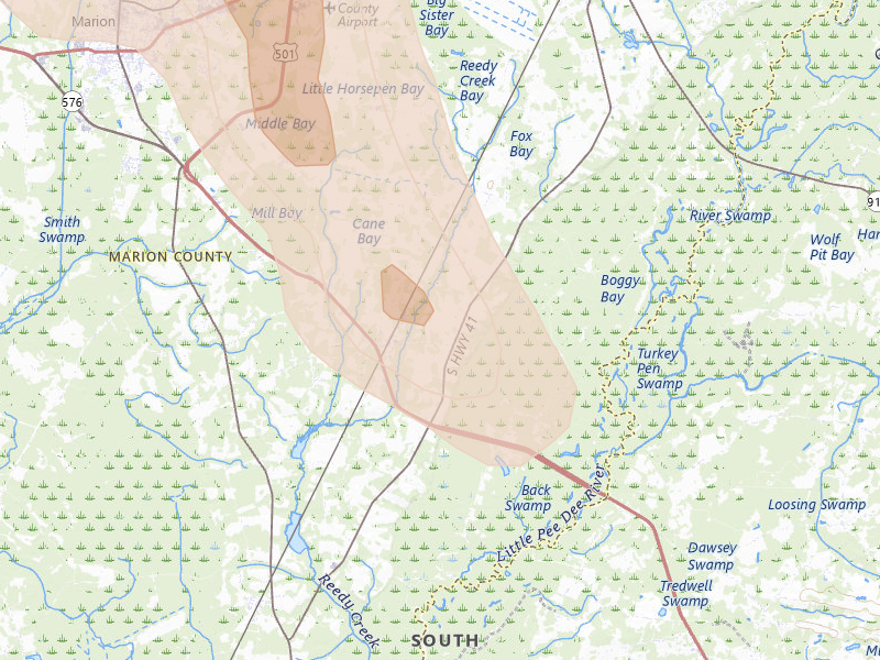 Radar-estimated hail-size map of the storm over Mullins, SC
