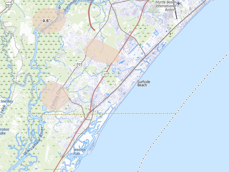 Radar-estimated hail-size map of the storm over Murrells Inlet, SC on Jul 7, 2026