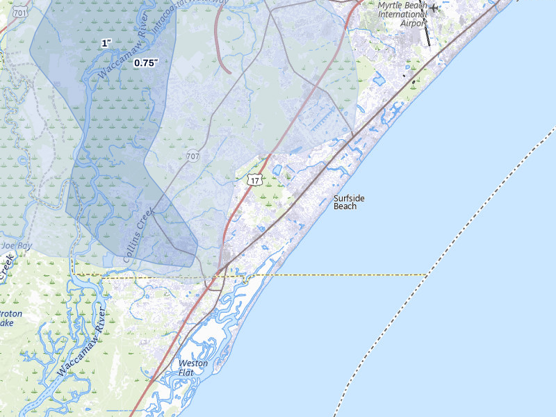 NEXRAD radar-signature map of the hail storm over Murrells Inlet, SC on Jul 7, 2026