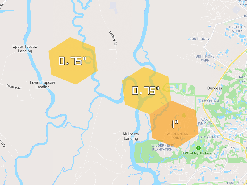 Hail map of Murrells Inlet, SC on Jul 7, 2026, hail up to 1"
