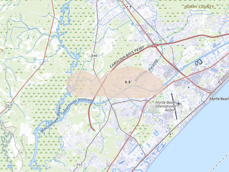 Radar-estimated hail-size map of the storm over Myrtle Beach, SC on May 11, 2026