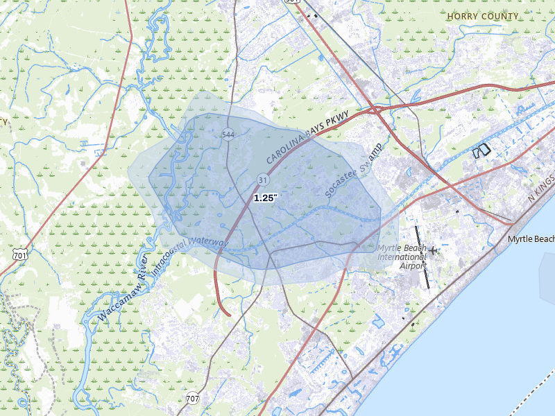 NEXRAD radar-signature map of the hail storm over Myrtle Beach, SC on May 11, 2026