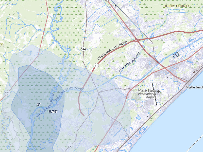 NEXRAD radar-signature map of the hail storm over Myrtle Beach, SC on Jul 7, 2026