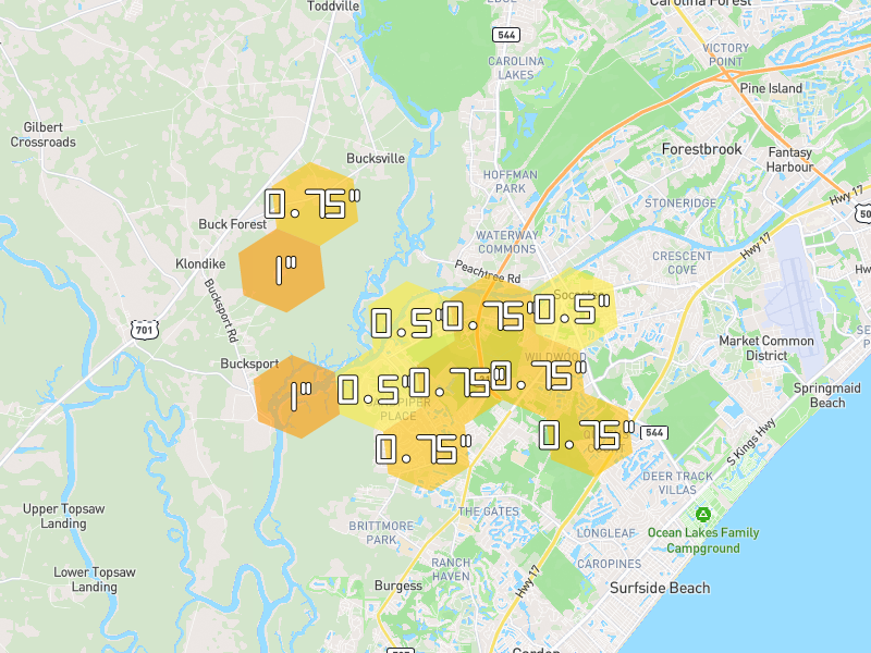 Hail map of Myrtle Beach, SC on Jul 7, 2026, hail up to 1"