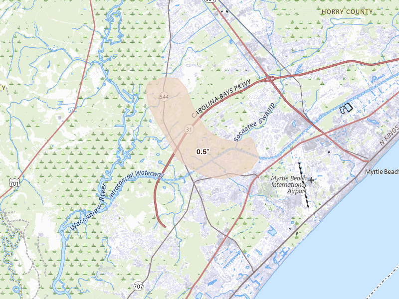 Radar-estimated hail-size map of the storm over Myrtle Beach, SC on Aug 11, 2026