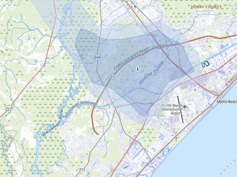 NEXRAD radar-signature map of the hail storm over Myrtle Beach, SC on Aug 11, 2026